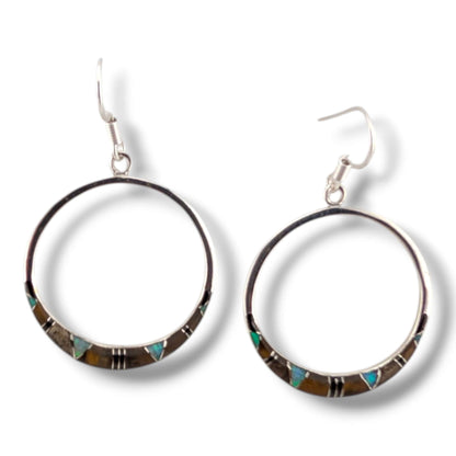 Sterling Silver Inlay Round Hollow Circle Hook Earrings
