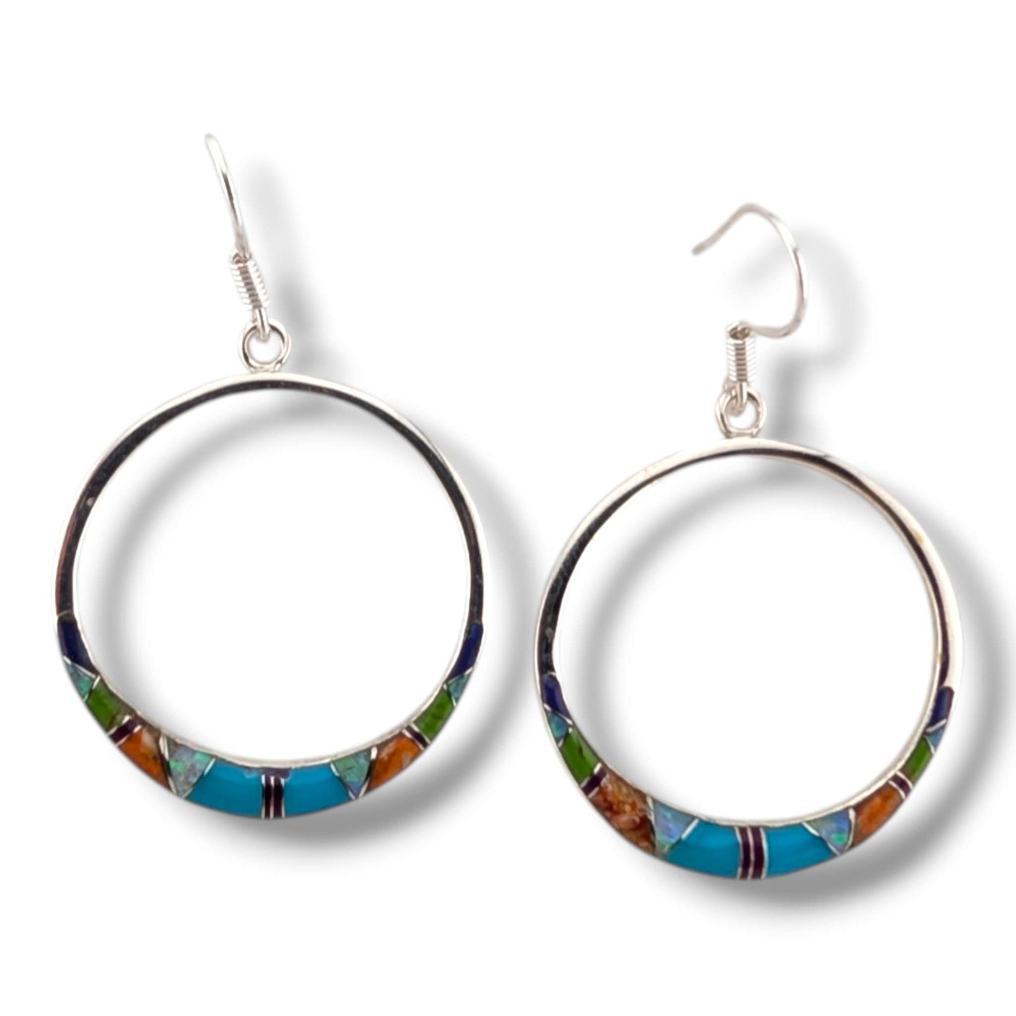 Sterling Silver Inlay Round Hollow Circle Hook Earrings