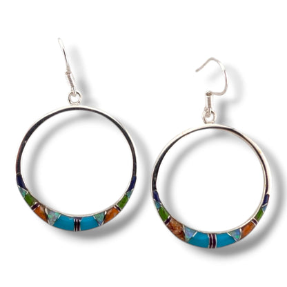 Sterling Silver Inlay Round Hollow Circle Hook Earrings