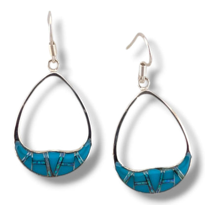 Sterling Silver Inlay Oval Teardrop Hollow Hook Earrings