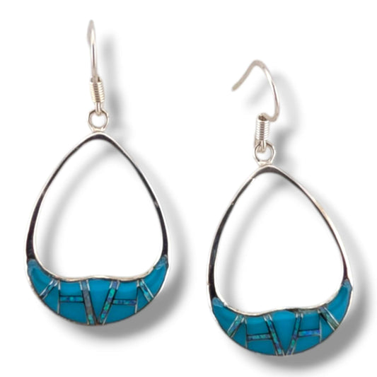 Sterling Silver Inlay Oval Teardrop Hollow Hook Earrings