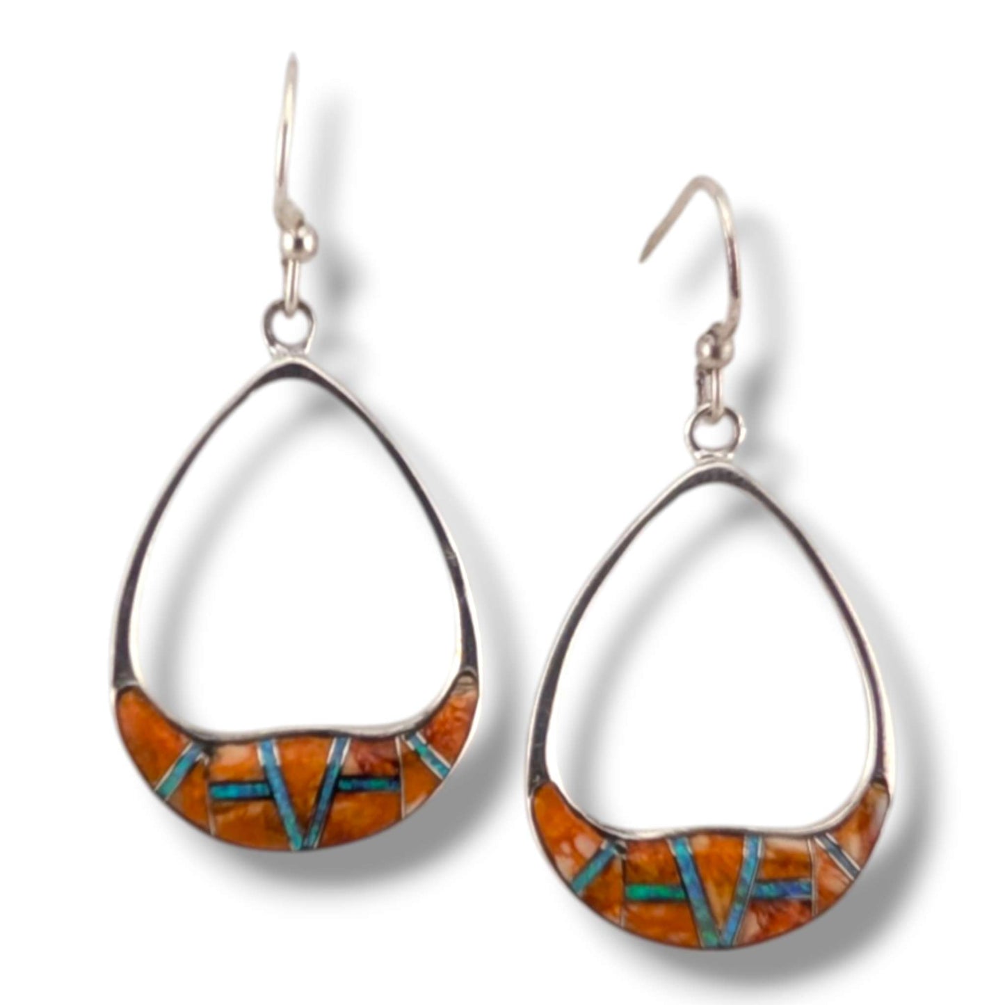 Sterling Silver Inlay Oval Teardrop Hollow Hook Earrings