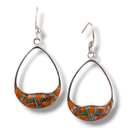 Sterling Silver Inlay Oval Teardrop Hollow Hook Earrings