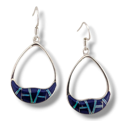 Sterling Silver Inlay Oval Teardrop Hollow Hook Earrings
