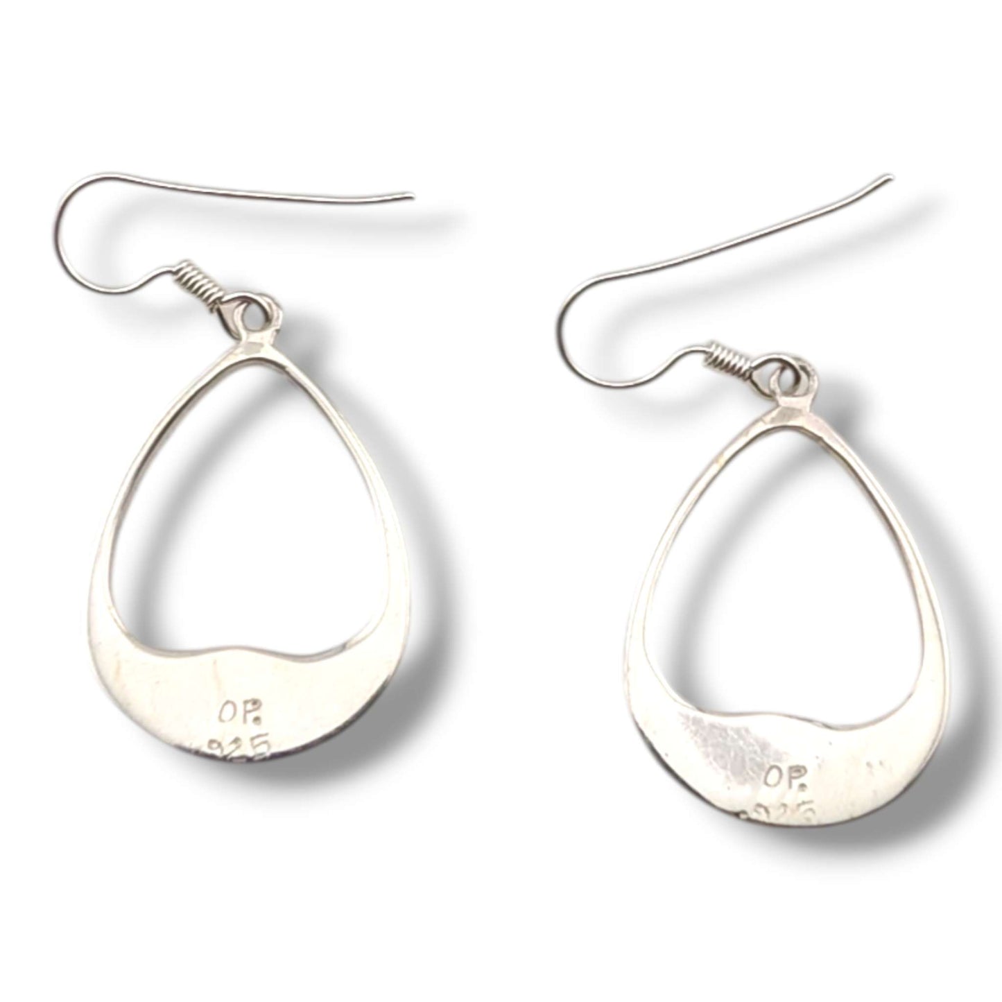 Sterling Silver Inlay Oval Teardrop Hollow Hook Earrings