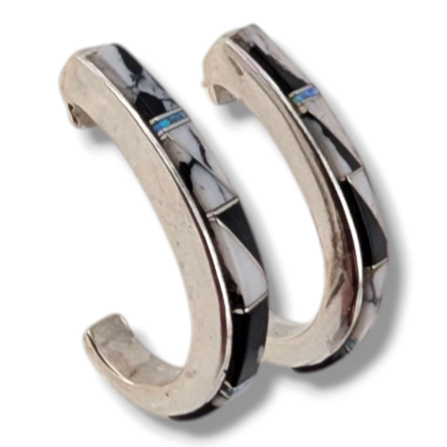Sterling Silver Inlay Fish Hook Hoop Post Earrings