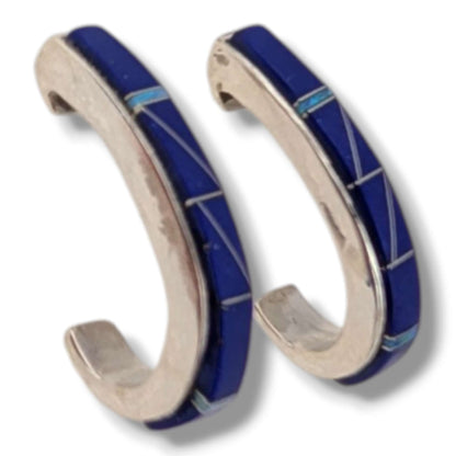 Sterling Silver Inlay Fish Hook Hoop Post Earrings