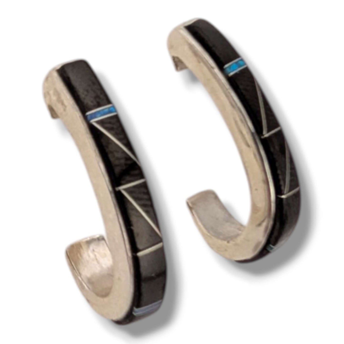 Sterling Silver Inlay Fish Hook Hoop Post Earrings