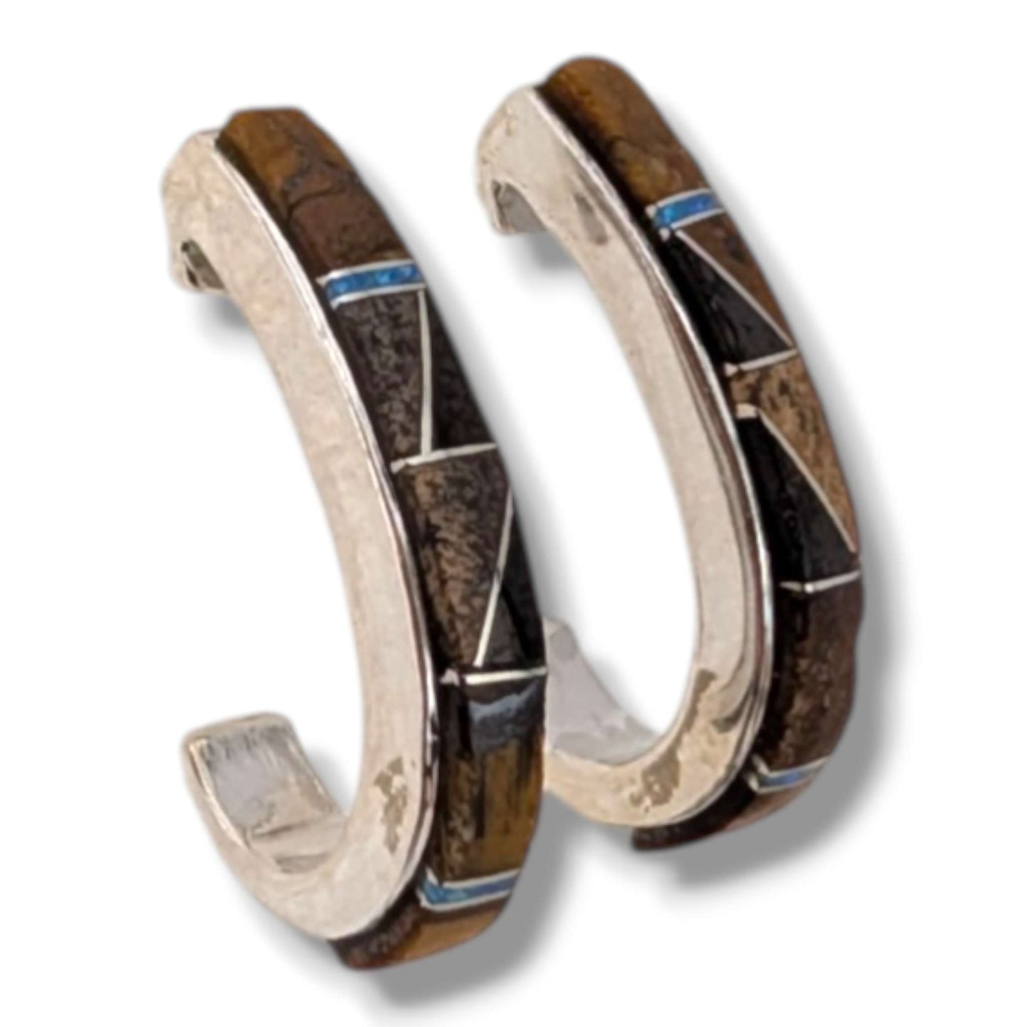 Sterling Silver Inlay Fish Hook Hoop Post Earrings
