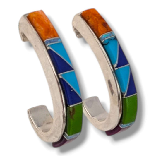 Sterling Silver Inlay Fish Hook Hoop Post Earrings
