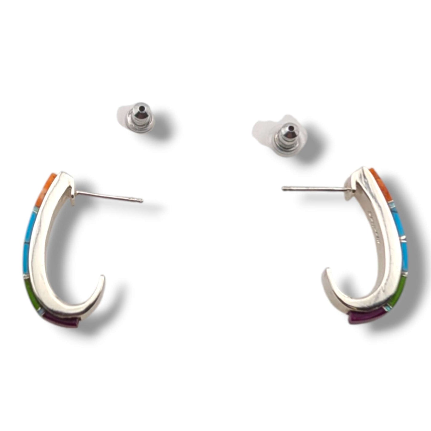 Sterling Silver Inlay Fish Hook Hoop Post Earrings