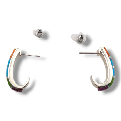 Sterling Silver Inlay Fish Hook Hoop Post Earrings