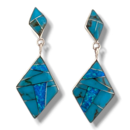Sterling Silver Inlay Diamond Shape Post Dangle Earrings