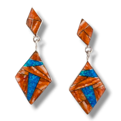 Sterling Silver Inlay Diamond Shape Post Dangle Earrings