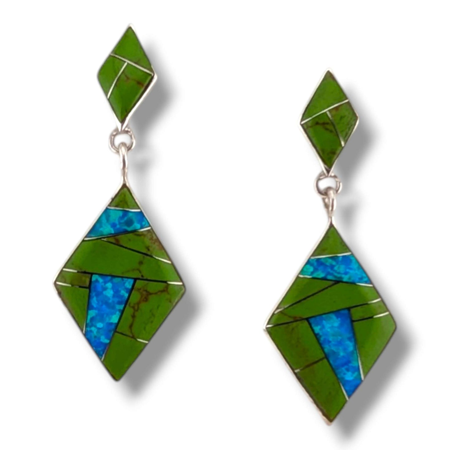Sterling Silver Inlay Diamond Shape Post Dangle Earrings