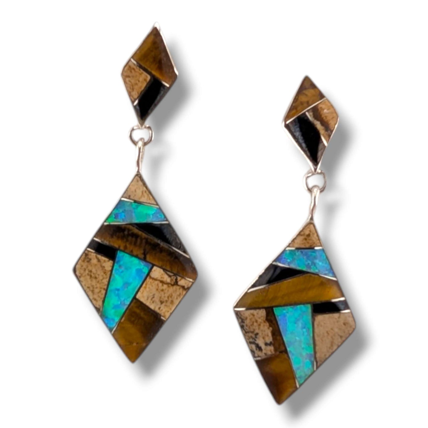 Sterling Silver Inlay Diamond Shape Post Dangle Earrings