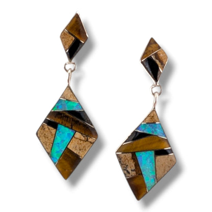 Sterling Silver Inlay Diamond Shape Post Dangle Earrings