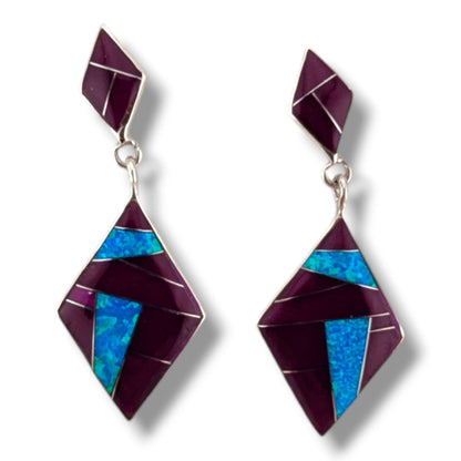 Sterling Silver Inlay Diamond Shape Post Dangle Earrings