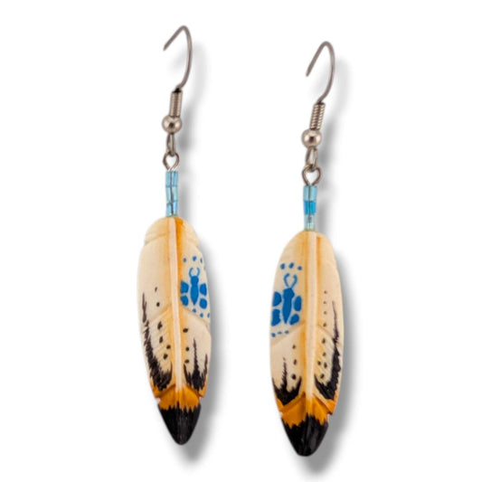 Hand-Carved Feather Hook Dangle Earrings with Bear Paw Motif