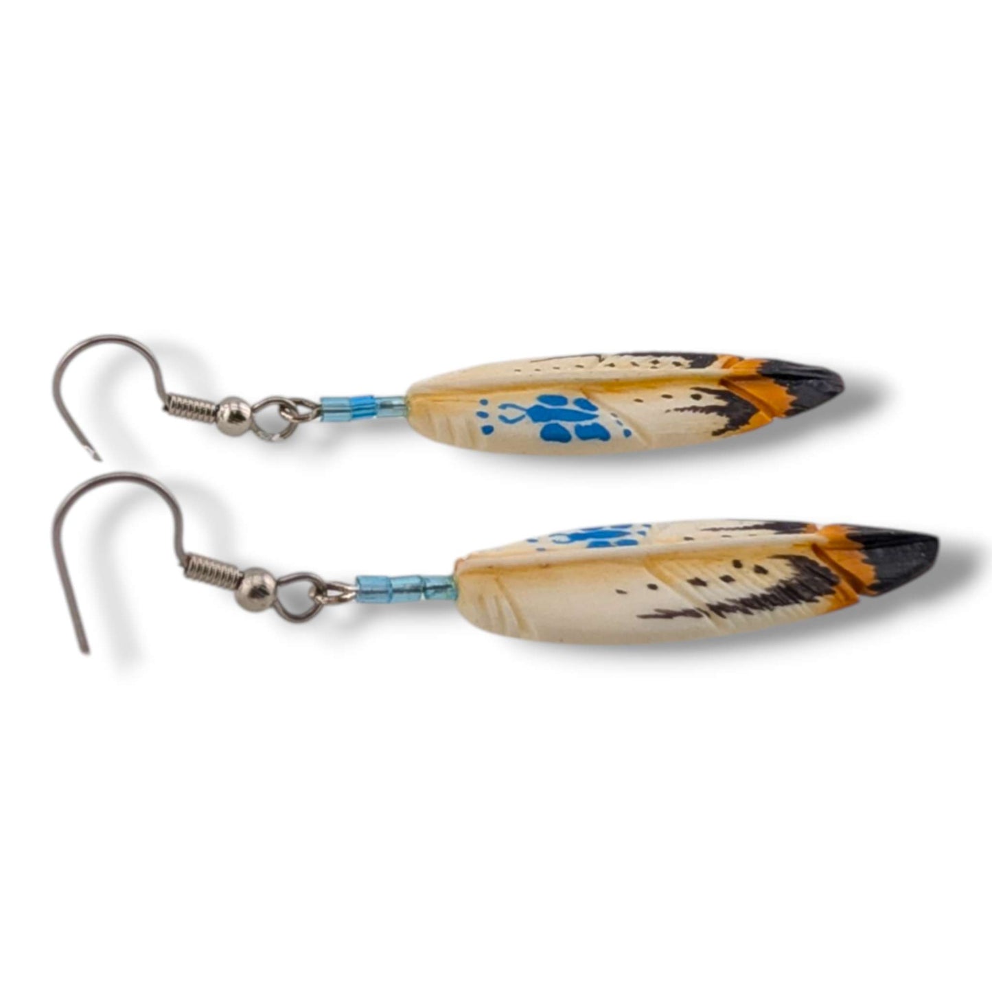 Hand-Carved Feather Hook Dangle Earrings with Bear Paw Motif