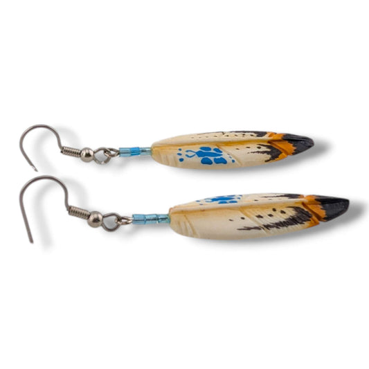 Hand-Carved Feather Hook Dangle Earrings with Bear Paw Motif