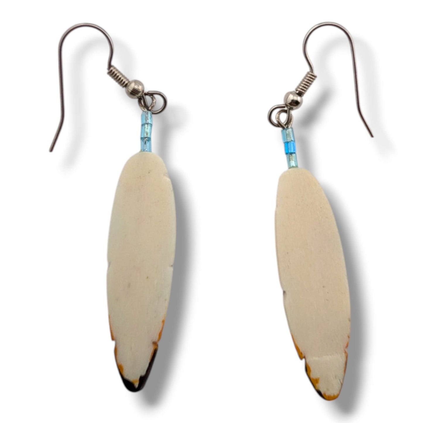 Hand-Carved Feather Hook Dangle Earrings with Bear Paw Motif