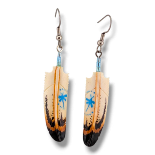 Hand-Carved Feather Dangle Earrings with Dragonfly Design