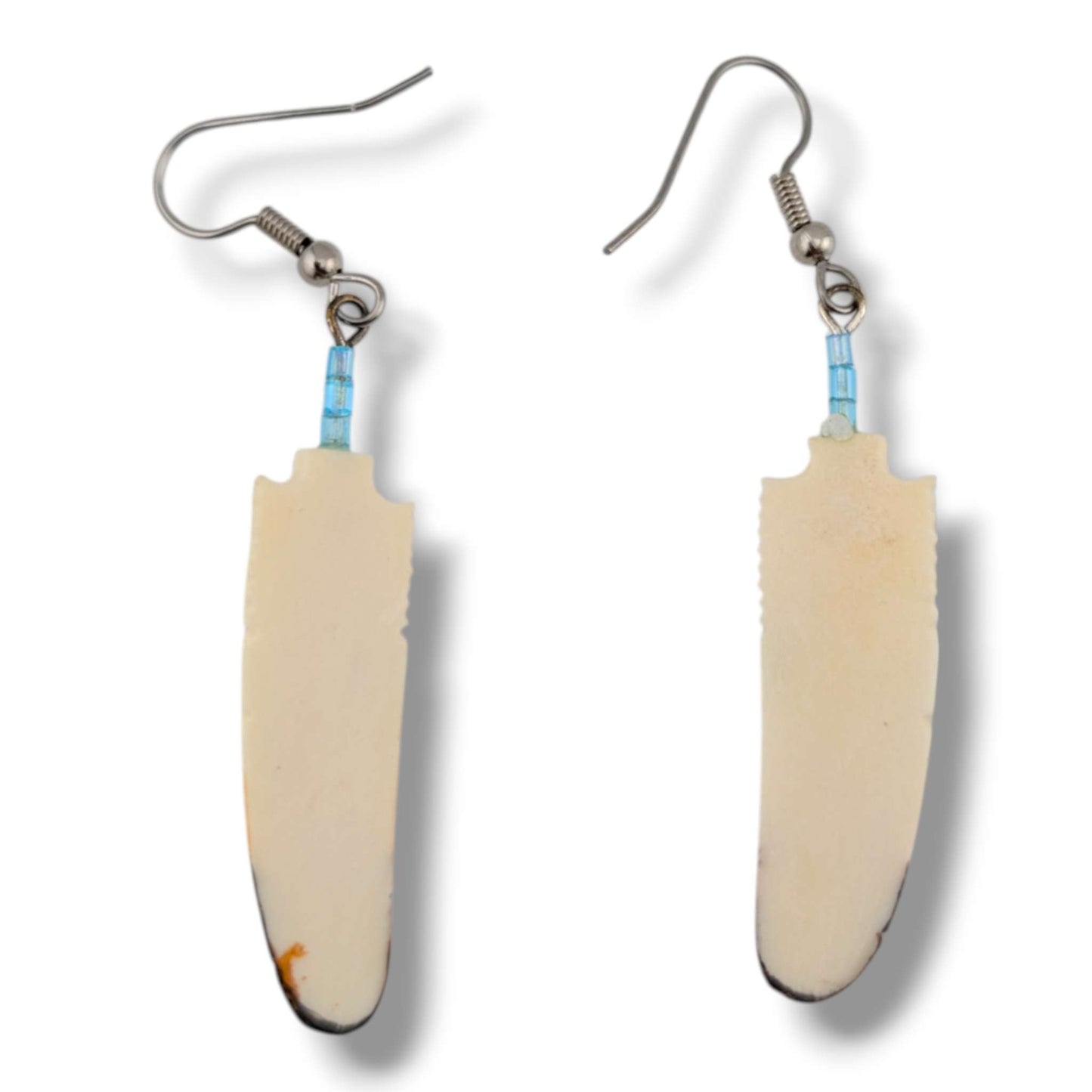 Hand-Carved Feather Dangle Earrings with Dragonfly Design