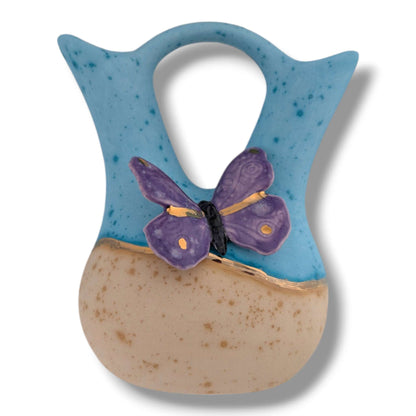 Sky Blue and Beige Gold Accent Purple Butterfly Wedding Vase by Luna