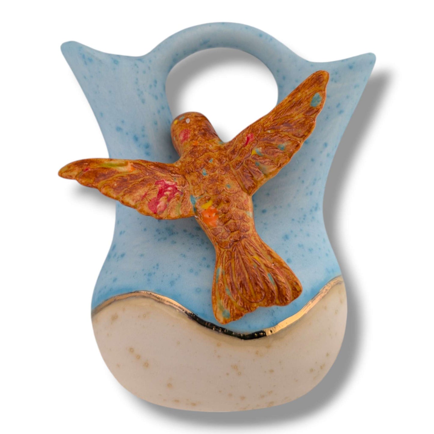 Sky Blue and Beige Gold Accent Hummingbird Wedding Vase by Luna