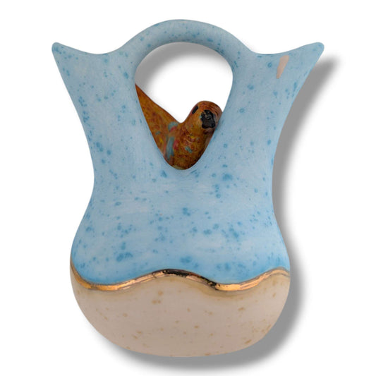 Sky Blue and Beige Gold Accent Hummingbird Wedding Vase by Luna
