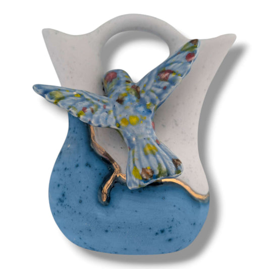 White and Blue Gold Accent Hummingbird Wedding Vase by Luna