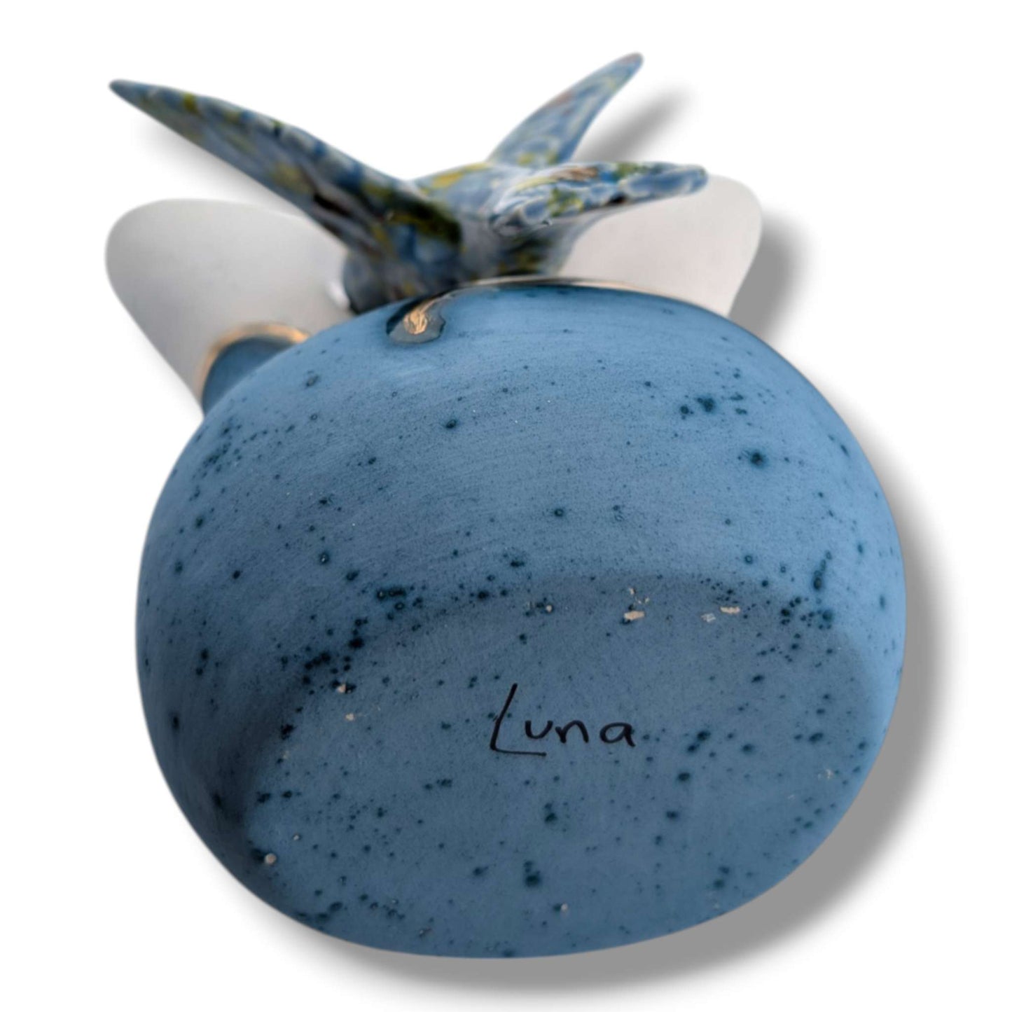 White and Blue Gold Accent Hummingbird Wedding Vase by Luna