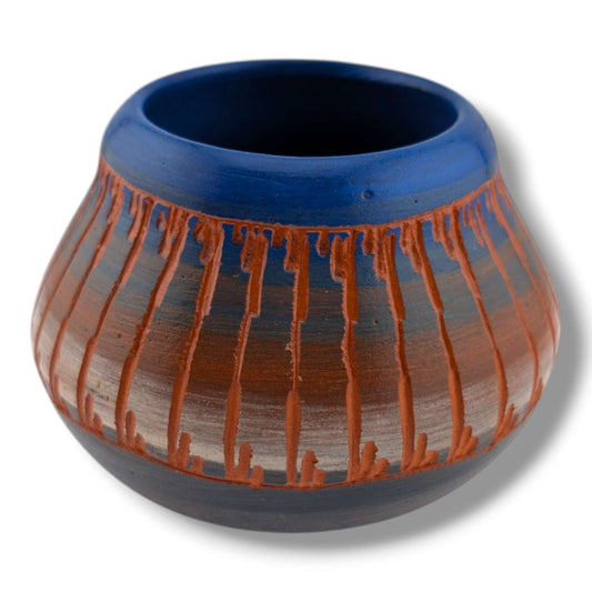 Navajo Etched Blue and Terracotta Rain Line Pottery Vase by Ben Billy