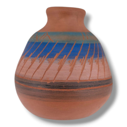 Navajo Etched Multiband Rain Line Round Pottery Vase by Ben Billy