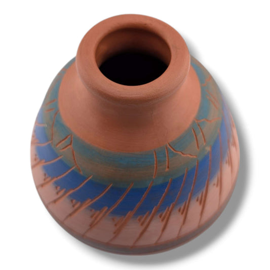 Navajo Etched Multiband Rain Line Round Pottery Vase by Ben Billy