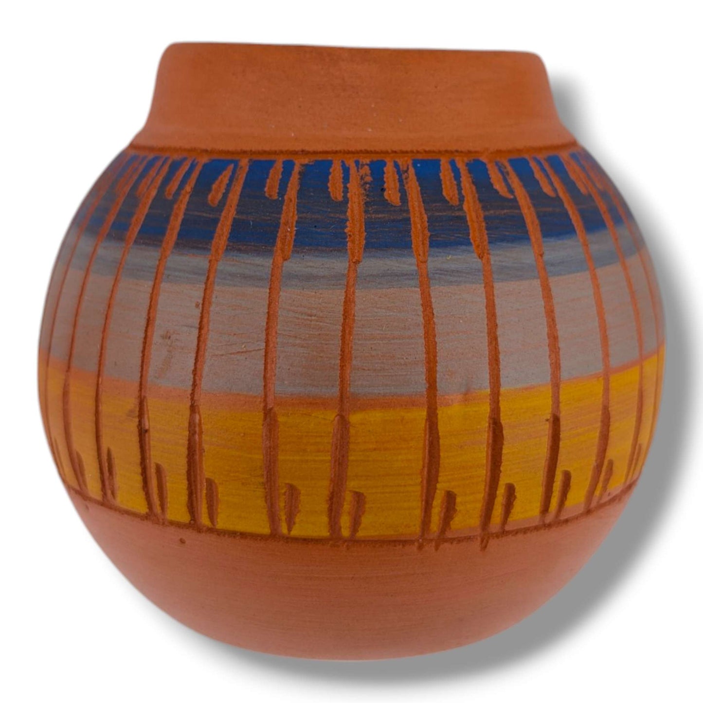 Navajo Etched Blue Gray and Amber Rain Line Round Jar by Ben Billy