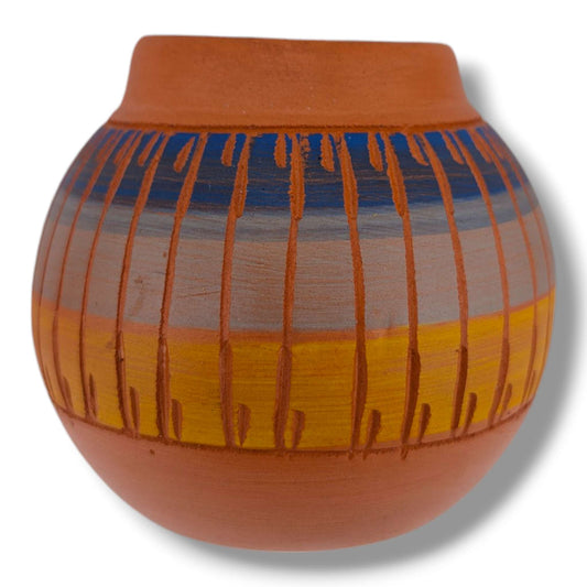 Navajo Etched Blue Gray and Amber Rain Line Round Jar by Ben Billy