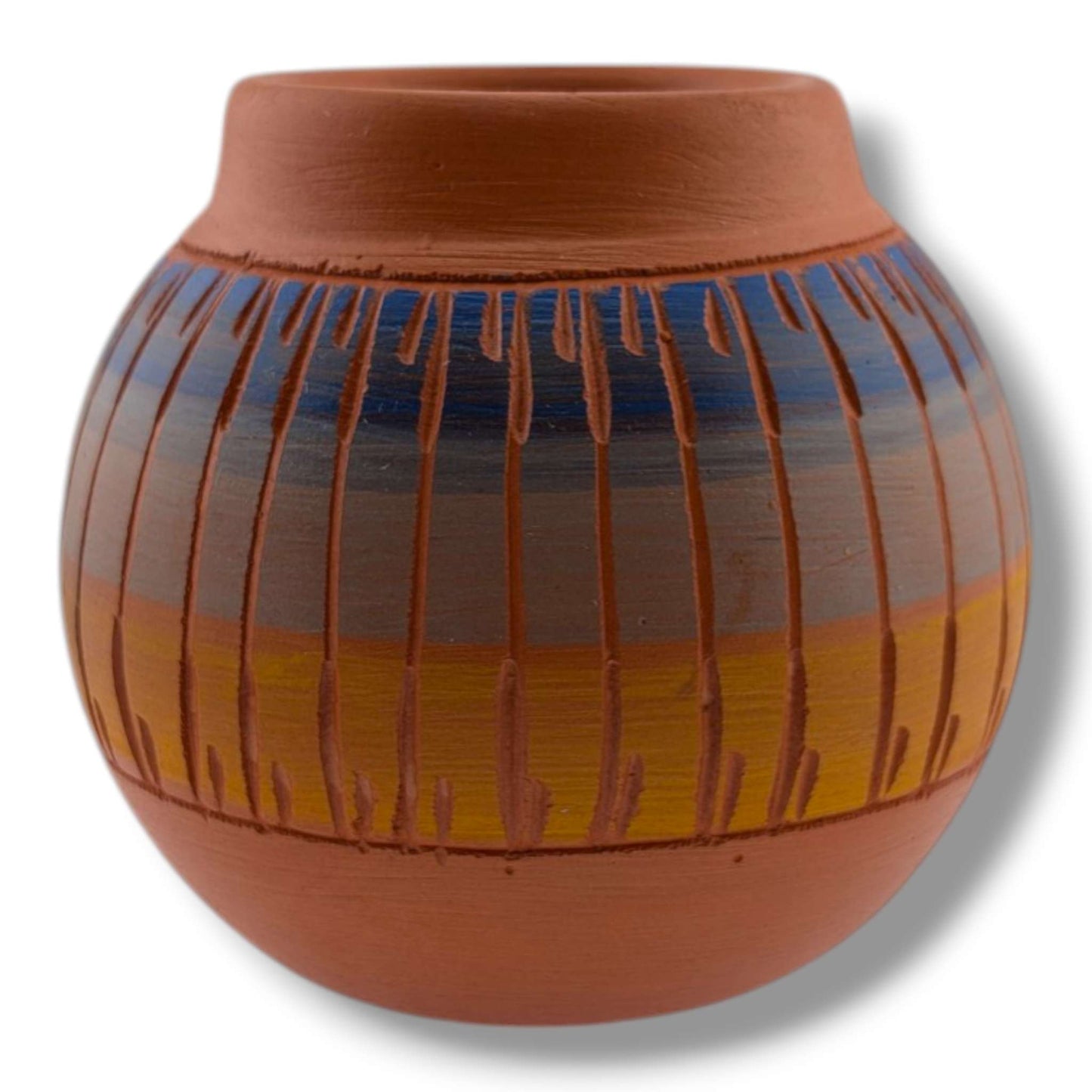 Navajo Etched Blue Gray and Amber Rain Line Round Jar by Ben Billy