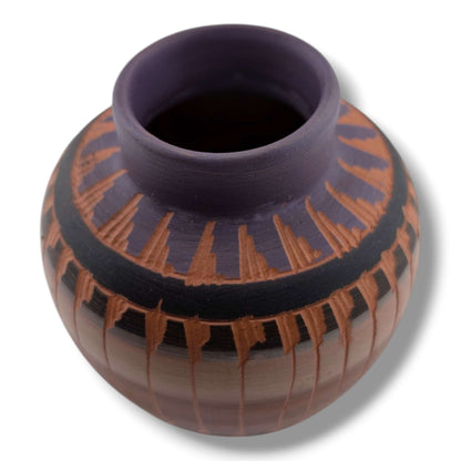 Navajo Etched Purple and Terracotta Rain Line Round Jar by Ben Billy