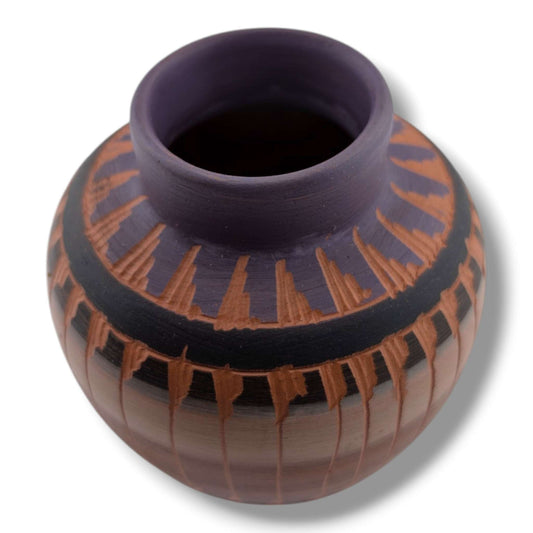 Navajo Etched Purple and Terracotta Rain Line Round Jar by Ben Billy