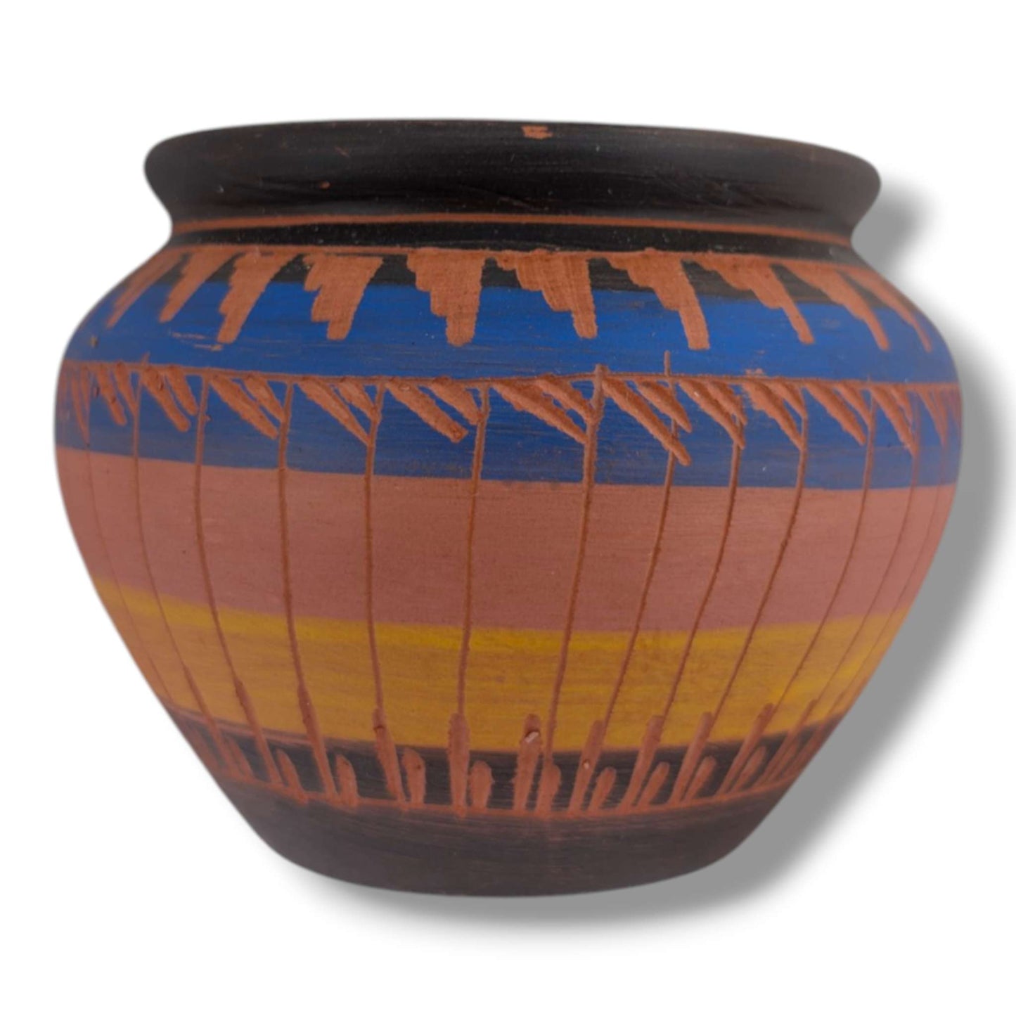 Navajo Etched Blue Amber and Black Multiband Rain Line Jar by Ben Billy