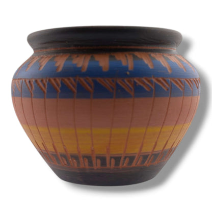 Navajo Etched Blue Amber and Black Multiband Rain Line Jar by Ben Billy