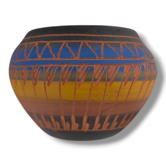 Navajo Etched Blue Amber and Black Geometric Rain Line Bowl by Ben Billy