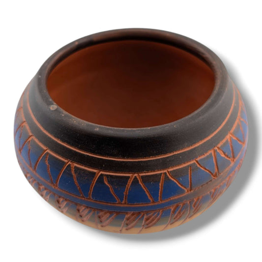 Navajo Etched Blue Amber and Black Geometric Rain Line Bowl by Ben Billy