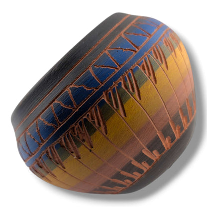 Navajo Etched Blue Amber and Black Geometric Rain Line Bowl by Ben Billy