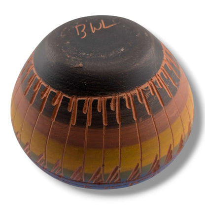 Navajo Etched Blue Amber and Black Geometric Rain Line Bowl by Ben Billy