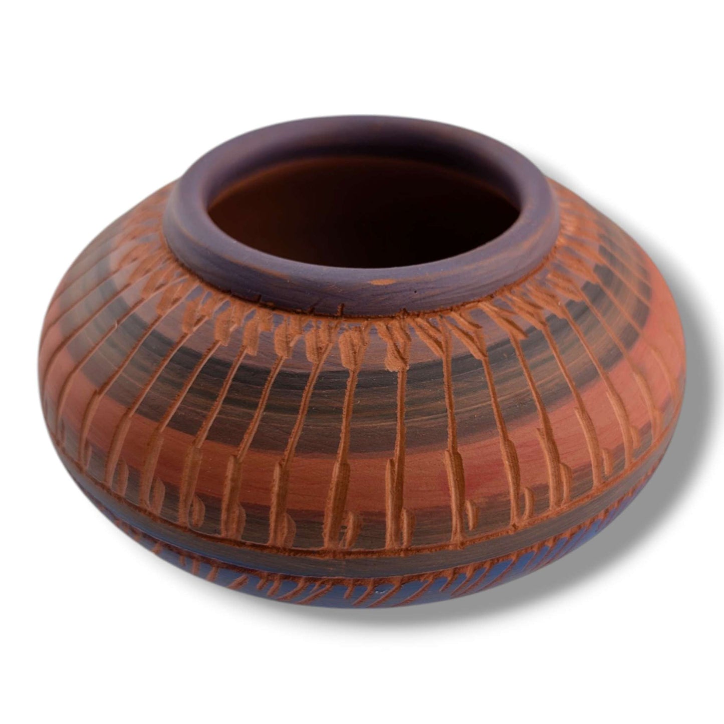 Navajo Etched Blue and Terracotta Disc Seed Jar by Ben Billy