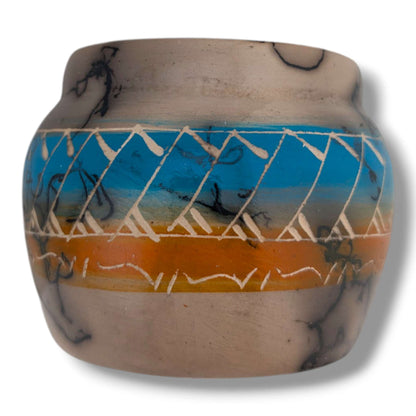 Navajo Horse Hair Blue and Amber Crosshatch Band Jar by Ben Billy