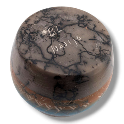 Navajo Horse Hair Blue and Amber Crosshatch Band Jar by Ben Billy